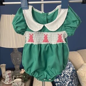 Charming Green Baby Romper with Pink Bunny embroidery on Smocking